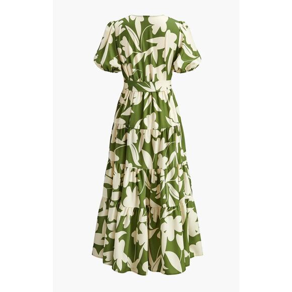 Commense Green Floral Maxi Dress Puff Sleeve V-Neck Tiered Skirt NWT Size XL - Picture 3 of 7